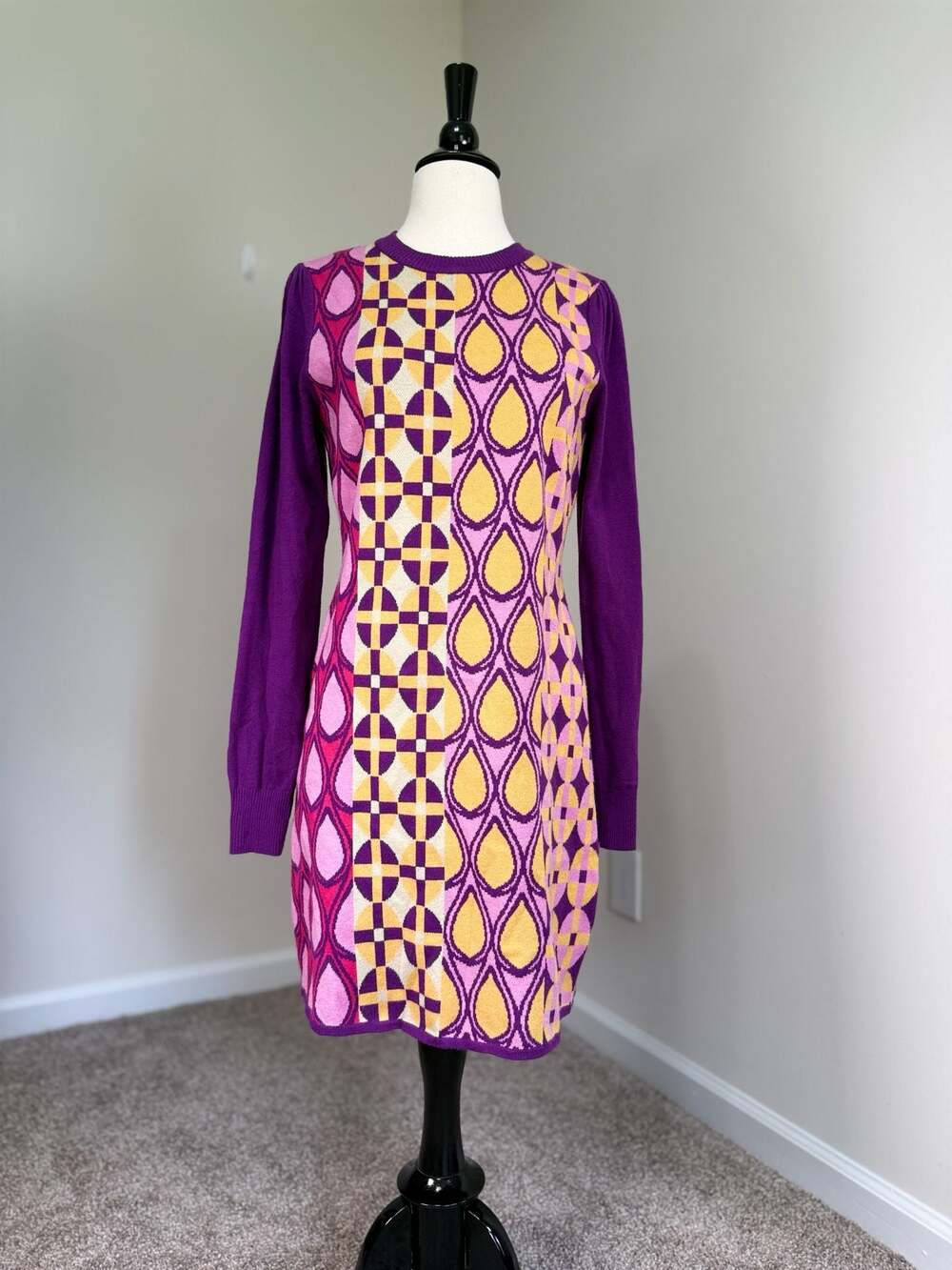 Karlie Mod Geometric Sweater Dress M Purple Pink Retro 60s Knit Fall Winter